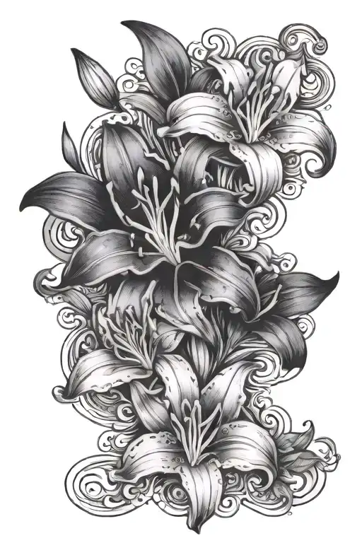 A black tattoo with shadows on the forearm of a man, showcasing several Lilly’s Flowers designs that is used as a metaph tattoo design idea