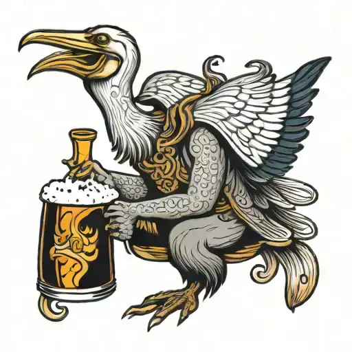 anthropomorphic pelican drinking beer cartoon tattoo design idea