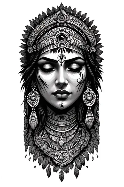 Indian woman with eyes closed mythology Maya Inca Third Eye tattoo design idea