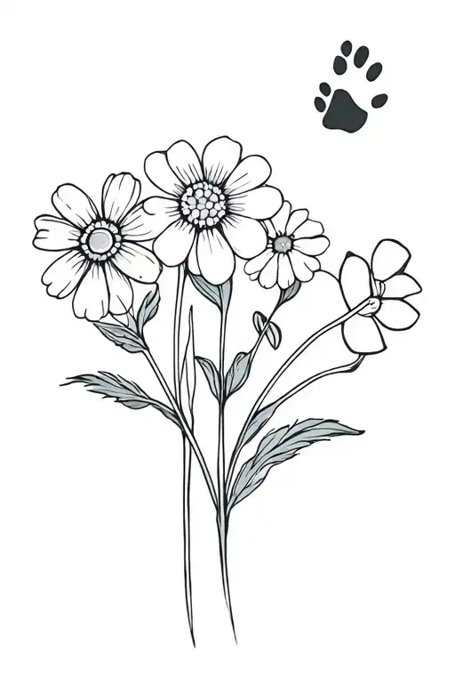 primrose and daisy flower with dog paw print and forget me not flowers, memorial piece tattoo design idea