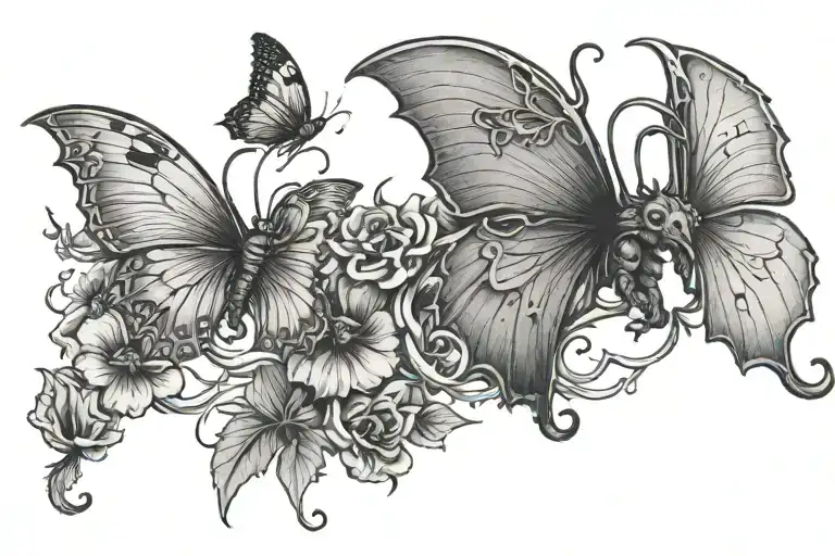 fine line violets with a solhoutte of 2 small dragons flying around it tattoo design idea