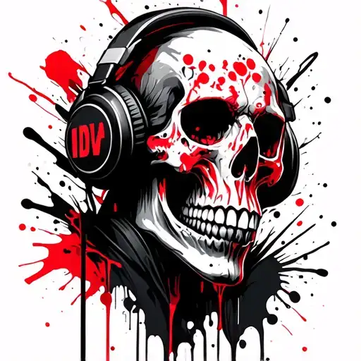 Creepy skull wearing headphones tattoo design idea