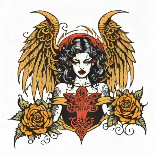 A gothic inspired cybersiglism design of a girl with intricate demon wings tattoo design idea