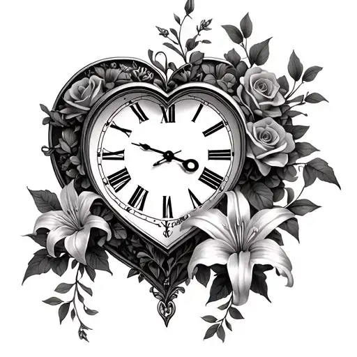 heart shaped clock with roses and stargazer lilies with vines tattoo design idea
