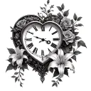 heart shaped clock with roses and stargazer lilies with vines tattoo design idea