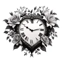 heart shaped clock with roses and stargazer lilies with vines tattoo design idea