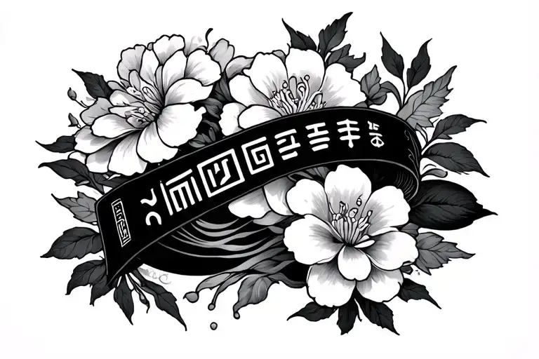 geometric and fluid stiled band around the arm with japanese flower and vikyng runes tattoo design idea