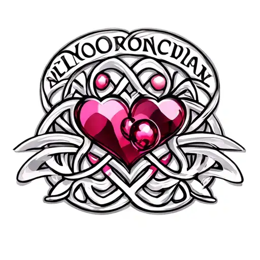 family name tattoo design in Celtic with hearts with garnet pearl and pink colours in hearts and add vibes tattoo design idea