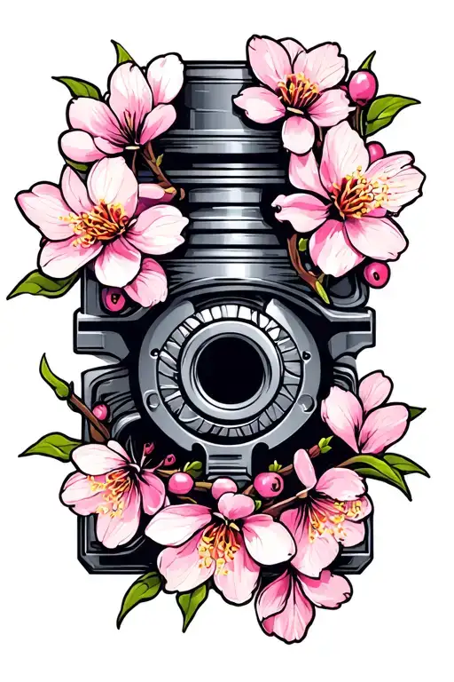 turbo, pistons, cherry blossom branch tattoo design idea
