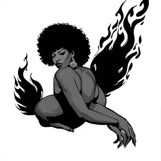 free spirited and sexualuzed thick black chick  on fire tattoo design idea