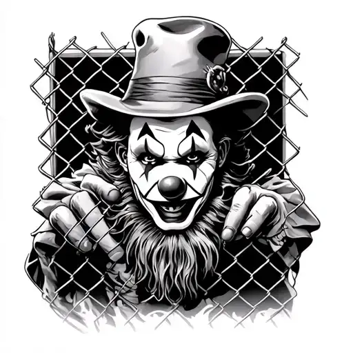 a chicano gangster clown behind a chain link fence tattoo design idea