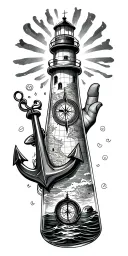 nodical compass on shoulder, anchor on hand under water, light house, forearm message in a bottle with map designs  tattoo design idea