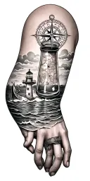 nodical compass on shoulder, anchor on hand under water, light house, forearm message in a bottle with map designs  tattoo design idea
