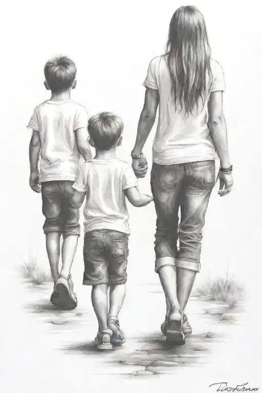 a girl and 2 toddler brothers holding hands walking away tattoo design idea