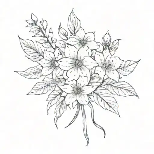 black fine line birth flowers of June, July, August and November tied together with a ribbon stems visible  tattoo design idea