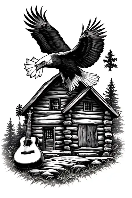 Log Cabin With An Acoustic Guitar In Front And An Eagle Flying Above. Nature Scene Tattoo tattoo design idea