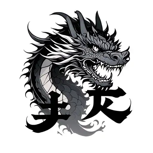 Japanese building , dragon and chance words  tattoo design idea