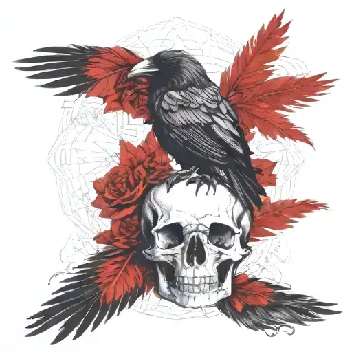 A raven perched on a skull with intricate line work, and Gothic patterns woven into the feathers and skull. tattoo design idea