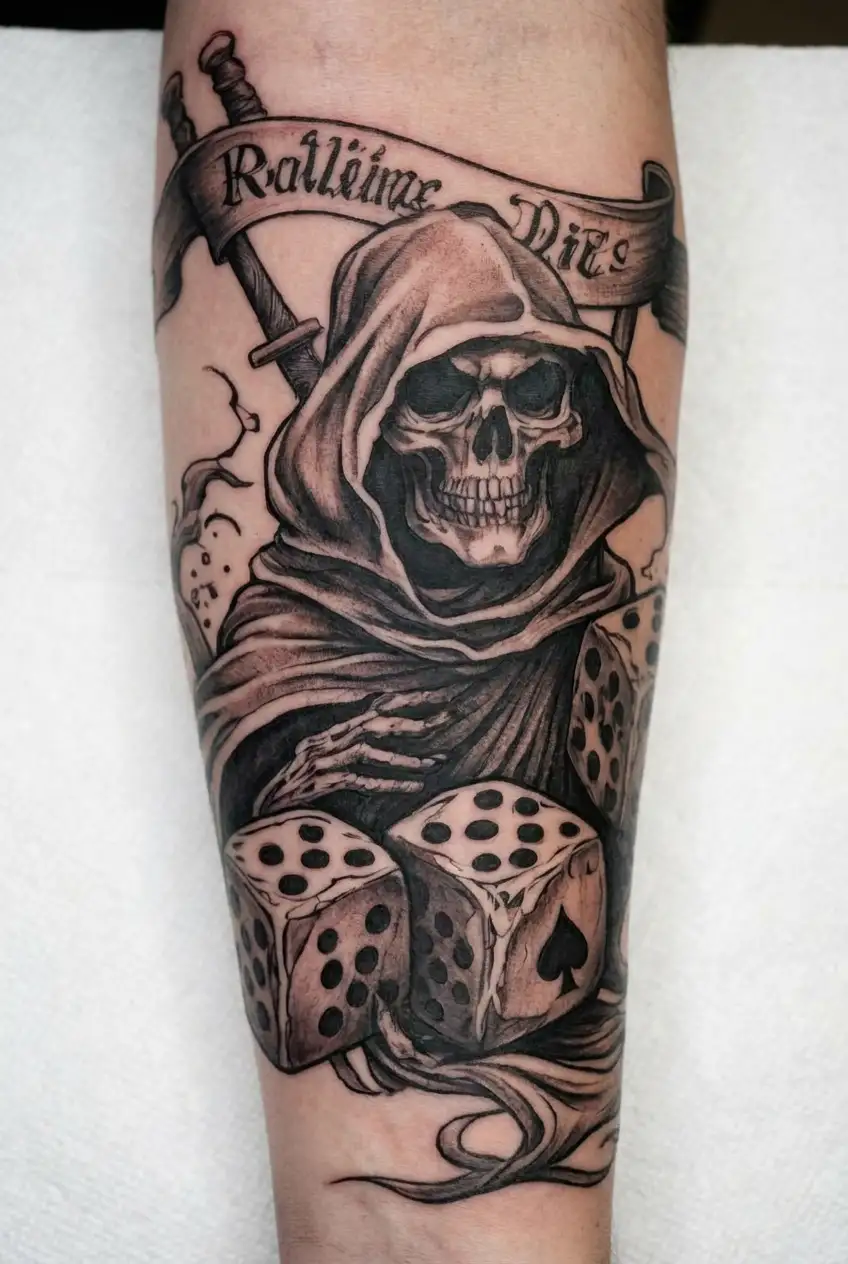 rolling dice with banner memory of my deceased dad with grim reaper  tattoo design idea