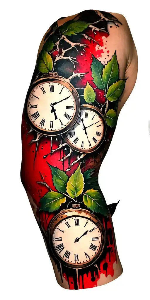 birch branches with hunter green leaves with only three clocks integrated into it for an arm sleeve tattoo design idea