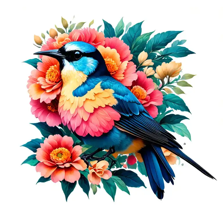 bird with flowers tattoo design idea