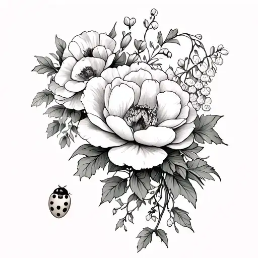 peony, poppies, forget me nots, lily of the valley, ivy vines and a lady bug tattoo design idea