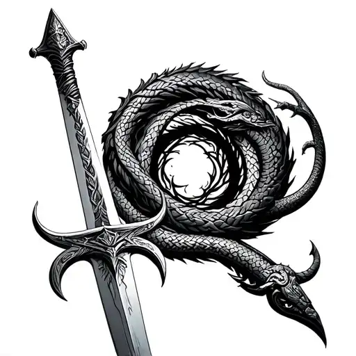 viking long sword with Jormungandr circle Yggdrasil tattoo design idea