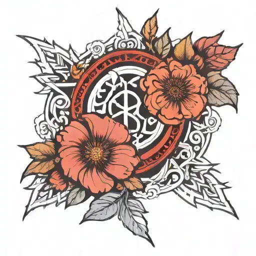 Berserk brand of sacrifice symbol with lines around and and lines has flowers  tattoo design idea
