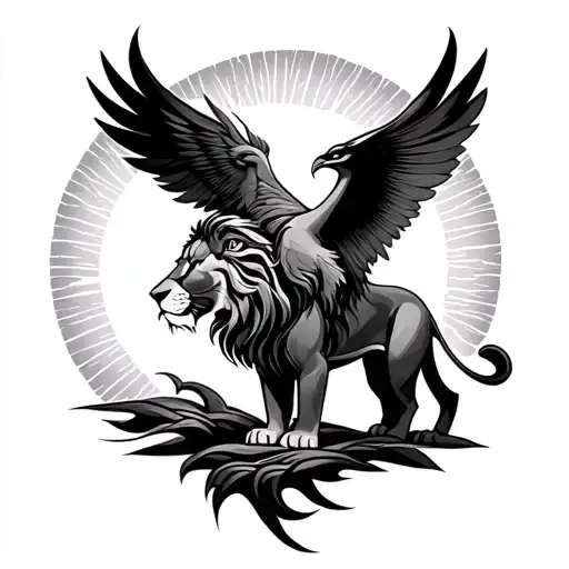 lion king with sun rising Phoenix bird tattoo design idea
