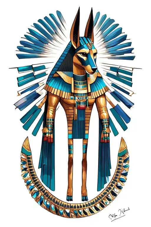 He designs an Egyptian mythological tattoo that has Anubis as a central figure, the God with the head of a jackal, represented tattoo design idea