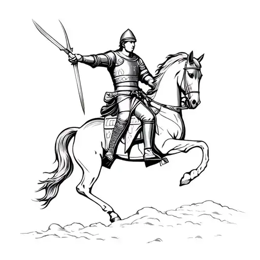 joan of arc, armour no helmet sitting on horse on hind legs, joan pointing with sword to charge. almost no detail. tattoo design idea