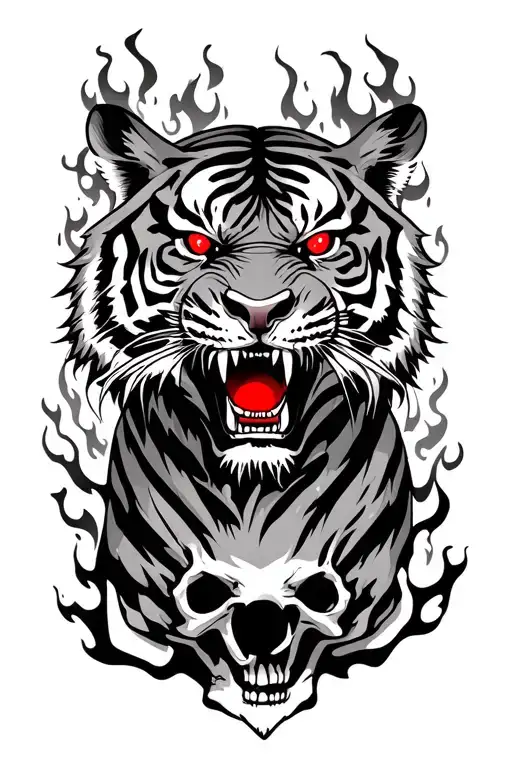 angry tiger with red eyes surrounded by flames and skulls tattoo design idea