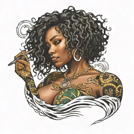 sexy Jamaican black girl, big boobs, seductive, siren, ocean, Afro centric, asian, dark skin, oval shaped head  tattoo design idea