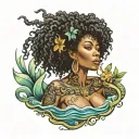 sexy Jamaican black girl, big boobs, seductive, siren, ocean, Afro centric, asian, dark skin, oval shaped head  tattoo design idea