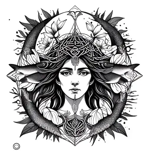 Celtic Goddess, Danu. Surrounded by Salmon, the moon and Moonflowers tattoo design idea
