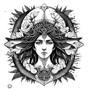 Celtic Goddess, Danu. Surrounded by Salmon, the moon and Moonflowers tattoo design idea