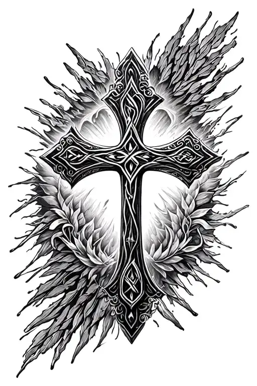 Christian cross with Nordic engravings tattoo design idea
