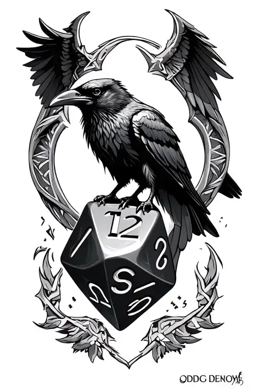 raven hold a d20 dice tattoo design idea