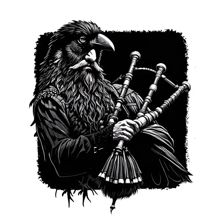  crow muscular with mans face bagpiper playing black bagpipes baldblack beard tattoo design idea