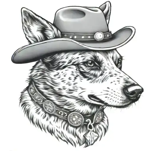 Blue heeler dog dressed as a cowboy bandit wearing a cowboy hat with two 45 colt revolvers crossed below him tattoo design idea
