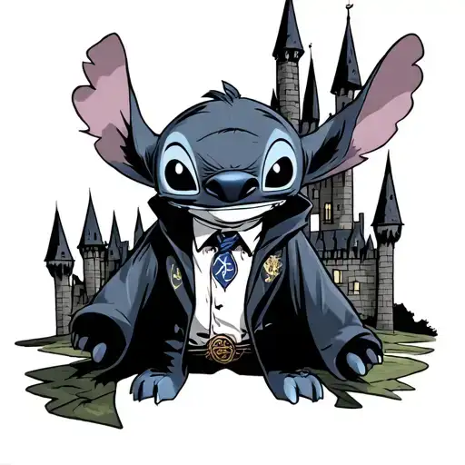 stitch character dressed like harry potter with Hogwarts castle tattoo design idea