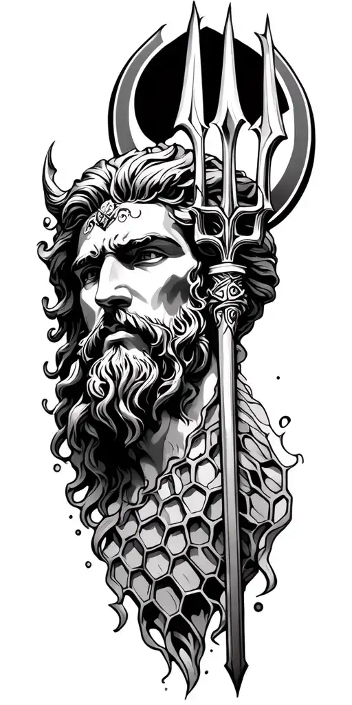 honeycomb,  poseidon god, trident tattoo design idea