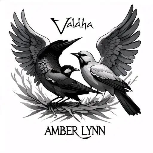 Valaha themed tattoo featuring birds a broken angel and the name AMBER LYNN tattoo design idea