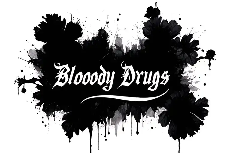 Women's tattoo, a small write under the chest "Bloody Drugs", the inscription should be written in capital English letters. tattoo design idea