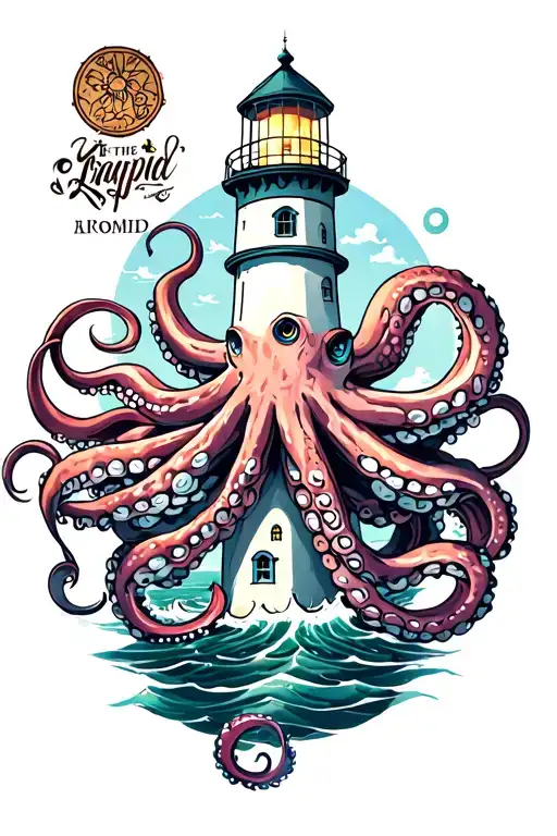 Wrapped octopus around the lighthouse tattoo design idea