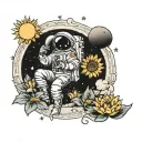 Japanese styla lonely male astronaut holding a lotus flower and a sunflower, include the moon and stars  tattoo design idea
