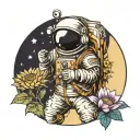 Japanese styla lonely male astronaut holding a lotus flower and a sunflower, include the moon and stars  tattoo design idea