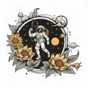 Japanese styla lonely male astronaut holding a lotus flower and a sunflower, include the moon and stars  tattoo design idea