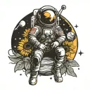 Japanese styla lonely male astronaut holding a lotus flower and a sunflower, include the moon and stars  tattoo design idea
