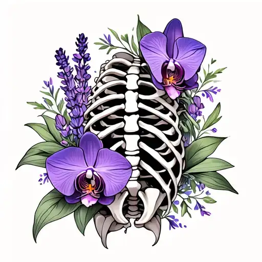 Rib cage tattoo with orchid flowers and lavender flowers tattoo design idea